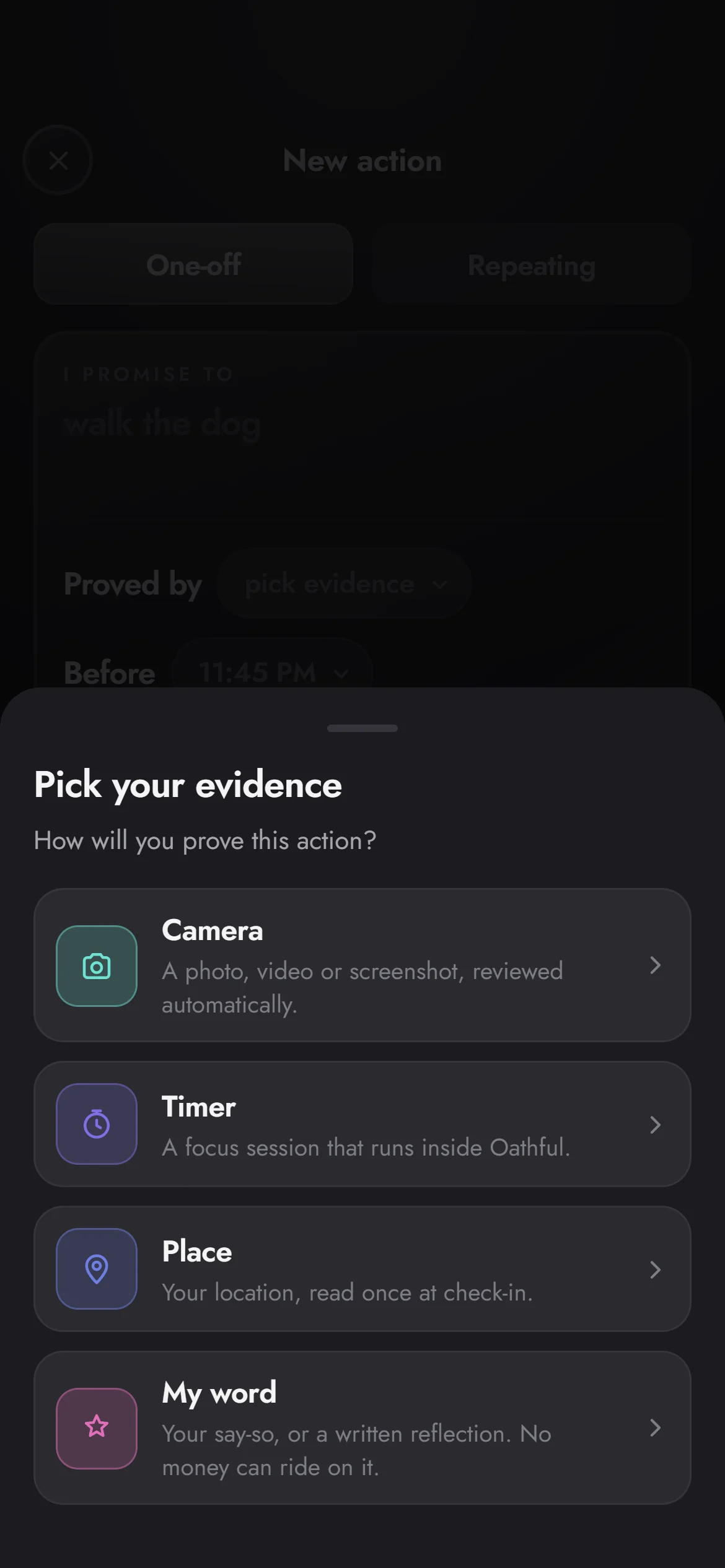 Pick your evidence: Camera, Timer, Place or My word