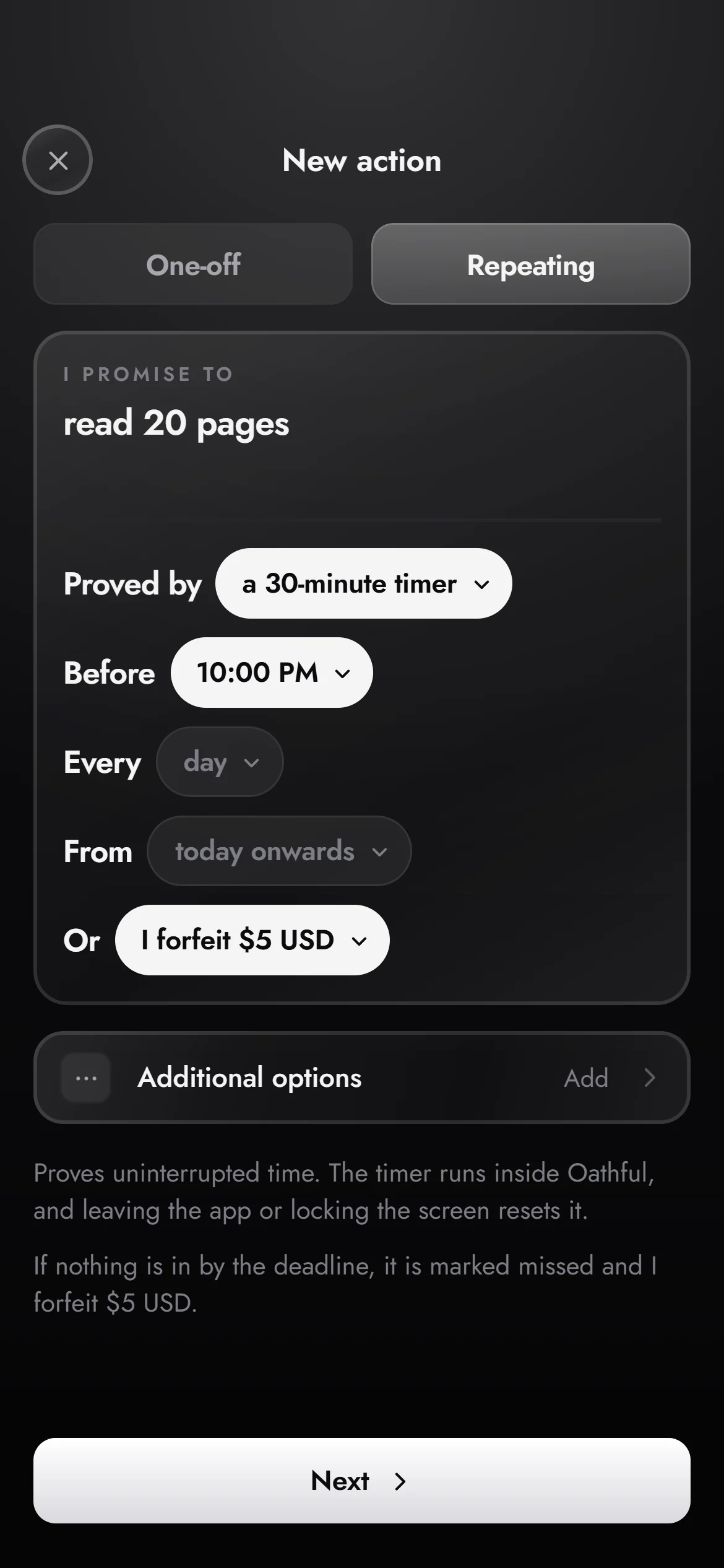 Writing a promise in Oathful: read 20 pages, proved by a 30-minute timer, before 10:00 PM, or $5 USD